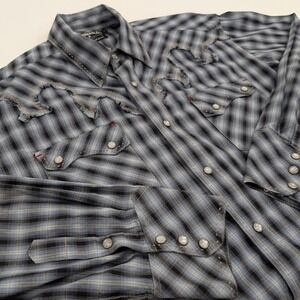 Panhandle Slim Western Shirt Mens Large Blue Plaid Pearl Snap Distressed Cowboy